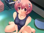  artist_request barefoot breast_hold breasts copyright_request covered_nipples drain_(object) game_cg gym kickboard kneeling medium_breasts one-piece_swimsuit pink_hair pool purple_eyes school_swimsuit short_hair solo swimsuit 
