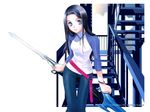  belt blue_eyes copyright_request jewelry long_sleeves necklace raglan_sleeves shiina_yuu solo stairs sword wallpaper weapon 
