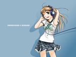  blonde_hair breasts camouflage clothes_writing clover hand_on_ear headphone_+_musume headphones long_hair medium_breasts miniskirt one_eye_closed open_mouth original otakubeam shamrock shirt skirt smile solo t-shirt ultrasone wallpaper wind yellow_eyes 