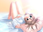  artist_request barefoot bed bottomless breasts copyright_request green_panties long_sleeves open_clothes open_shirt panties pillow shirt small_breasts solo striped striped_panties underwear 