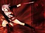  antenna_hair blazer blood breasts cleavage fighting_stance jacket kneehighs large_breasts lipstick long_sleeves makeup midriff natsume_maya navel oogure_ito open_clothes open_shirt polearm ribbon school_uniform shirt shoes silver_hair skirt smile socks solo spear tenjou_tenge third-party_edit wallpaper weapon 