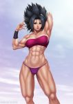  abs absurdres arm_up armpits bare_shoulders biceps big_hair black_hair blue_eyes bracer breasts cameltoe caulifla cleavage collaboration collarbone commentary contrapposto dragon_ball dragon_ball_super elee0228 english_commentary gluteal_fold hair_intakes highres lips looking_at_viewer medium_breasts muscle muscular_female navel newash panties parted_lips purple_panties solo spiked_hair standing strapless thick_thighs thighs tubetop underwear 