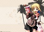  ahoge artist_request artoria_pendragon_(all) bag blonde_hair braid casual cup drinking_straw fate/stay_night fate_(series) food hair_bun hair_ribbon hamburger long_sleeves mouth_hold plastic_bag ribbon saber sidelocks skirt solo wallpaper 