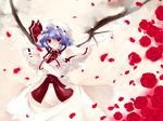  artist_request bat_wings blue_hair flower hat long_sleeves mob_cap petals red_eyes red_flower red_rose remilia_scarlet rose rose_petals short_hair solo source_request touhou wallpaper wings 
