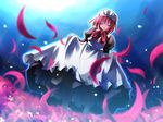  apron artist_request bow closed_eyes dutch_angle field flower flower_field full_body full_moon hisui long_sleeves maid maid_headdress moon night petals red_hair short_hair skirt skirt_lift sky solo spider_lily standing tsukihime wallpaper 