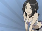  2006 artist_name artist_request bare_arms bare_shoulders bent_over black_hair breasts character_name cleavage copyright_name eureka_seven eureka_seven_(series) highres navel solo sunburst talho_yuuki wallpaper watermark web_address 