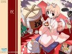  alcohol animal_ears copyright_request eating food fox_ears highres hiide japanese_clothes long_sleeves sake solo tail wallpaper 