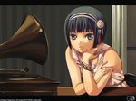  arm_support artist_name black_hair bob_cut bracelet gagraphic grey_eyes hairband jewelry leaning_forward letterboxed looking_at_viewer nagahama_megumi nose_shade parted_lips phonograph short_hair sitting solo wallpaper 