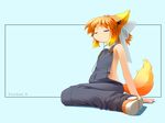  animal_ears arm_support bangs black_background blonde_hair blue_background blush bow buttons child closed_eyes copyright_name earbuds earphones firefox flat_chest fox_ears fox_tail frame from_side full_body gradient gradient_hair hair_bow kitsupon lolifox multicolored_hair naked_overalls official_art orange_hair os-tan overalls personification ponytail shadow shoes short_hair sidelocks simple_background sitting sneakers solo tail wallpaper wariza 