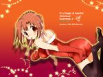  christmas elbow_gloves gloves happiness! kamisaka_haruhi mouth_hold red_gloves ribbon ribbon_in_mouth santa_costume solo thighhighs 