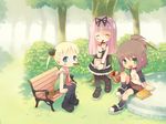  artist_request bench bike_shorts blonde_hair blue_eyes book boots bush dress fang food garden_(game) green_eyes hair_ribbon himemiya_ruri hoshino_erika multiple_girls pantyhose park pink_hair pocky raglan_sleeves ribbon shoes sneakers suzumura_akane tree twintails 