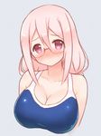  akeyama anne_happy bangs blue_swimsuit blush breasts closed_mouth collarbone glasses hair_between_eyes kumegawa_botan large_breasts long_hair looking_at_viewer one-piece_swimsuit pink_hair red_eyes rimless_eyewear simple_background smile solo swimsuit upper_body 