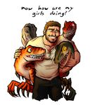  beard chris_pratt claws cuddling cute facial_hair feral happy hug jurassic_park jurassic_world raptors simple_background smile teeth tongue white_background 