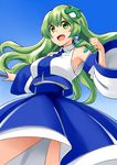  armpits bare_shoulders crop_top crop_top_overhang cropped_vest detached_sleeves frog_hair_ornament green_eyes green_hair hair_ornament high-waist_skirt kochiya_sanae long_hair nobori_ranzu open_mouth skirt snake_hair_ornament solo touhou 