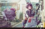  1girl belt beret black_shirt blue_eyes blush bottle breasts calligraphy_brush cellphone fate/grand_order fate_(series) hair_bun hair_ornament hairpin hat highres katsushika_hokusai_(fate) kuroboshi_kouhaku long_sleeves looking_at_viewer medium_breasts midriff navel octopus official_art paintbrush pants phone purple_hair shirt short_hair sketchbook tokitarou_(fate) white_pants 