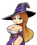  anaugi bare_shoulders breasts brown_hair cleavage dragon&#039;s_crown dragon's_crown female hat large_breasts long_hair looking_at_viewer simple_background solo sorceress_(dragon&#039;s_crown) sorceress_(dragon's_crown) white_background witch_hat 