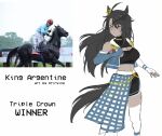  1girl animal_ears asymmetrical_gloves black_hair blue_gloves breasts character_name cleavage commentary dark_skin elbow_gloves english_commentary english_text gloves grey_eyes highres horse_ears horse_girl horse_tail king_argentine_(racehorse) large_breasts long_hair midriff mismatched_gloves original photo_inset reference_inset riryine sketch standing tail twitter_username white_background white_gloves 