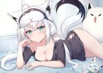  1girl ahoge animal_ear_piercing animal_ears aqua_eyes black_shirt breasts character_mask cleavage closed_mouth commentary crossed_bangs double-parted_bangs extra_ears fox_ears fox_girl fox_tail fubuzilla_(shirakami_fubuki) hair_between_eyes highres hip_vent hololive indoors large_breasts long_hair long_shirt looking_at_viewer low_twintails lying mask mask_on_head no_bra no_pants official_alternate_costume official_alternate_hairstyle panty_straps pentagram shirakami_fubuki shirakami_fubuki_(loungewear) shirt side-tie_shirt sleep_mask smile solo sukonbu_(shirakami_fubuki) t-shirt tail tail_raised touhourh twintails virtual_youtuber white_hair 