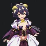  1girl ahoge bat_brooch bat_wings black_background black_hair black_nails breasts bridal_gauntlets corset cross cross-shaped_pupils cross_pasties fang forward-facing_horns highres hiiragi_utena horns low_wings magia_baiser mahou_shoujo_ni_akogarete navel open_mouth pants pasties purple_bridal_gauntlets purple_corset purple_pants showgirl_skirt shrug_(clothing) skirt small_breasts solo srtaka symbol-shaped_pupils white_shrug white_skirt wings yellow_eyes yellow_horns 