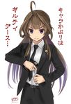  ahoge alternate_costume belt black_neckwear brown_hair commentary_request double_bun formal gun handgun haruto_(harut_n) holding holding_gun holding_weapon kantai_collection kongou_(kantai_collection) lapel_pin long_hair long_sleeves looking_at_viewer m1911 necktie pant_suit pistol purple_eyes solo suit translated twitter_username weapon 