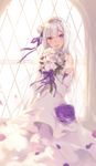  bare_shoulders bouquet bridal_veil dress elbow_gloves emilia_(re:zero) flower frilled_dress frills gloves hair_flower hair_ornament hair_ribbon highres holding long_hair looking_at_viewer open_mouth petals purple_eyes purple_flower purple_rose re:zero_kara_hajimeru_isekai_seikatsu ribbon rose shouin smile solo sunlight teeth tiara veil wedding_dress white_dress white_flower white_gloves white_hair white_rose window 