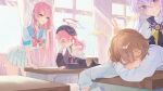  4girls absurdres angel_wings azusa_(blue_archive) black_wings blue_archive blush brown_hair classroom closed_eyes feathered_wings green_eyes hair_ornament hair_ribbon halo hanako_(blue_archive) head_wings hifumi_(blue_archive) highres horns indoors koharu_(blue_archive) long_hair long_sleeves make-up_work_club_(blue_archive) may.l multiple_girls pink_hair pink_halo ribbon school_uniform serafuku short_hair sleeping smile window winged_halo wings yellow_halo 