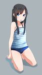  alternate_costume asashio_(kantai_collection) bare_legs barefoot black_hair blue_eyes buruma camisole comah kantai_collection kneeling long_hair open_mouth solo 