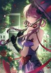  1girl absurdres alternate_costume back bare_shoulders black_gloves breasts bug butterfly closed_mouth commentary dress falling_petals from_side gloves hair_between_eyes highres holding holding_umbrella honkai:_star_rail honkai_(series) kafka_(honkai:_star_rail) large_breasts long_hair looking_at_viewer looking_to_the_side outdoors papu_(papu1006) petals purple_dress purple_eyes purple_hair red_butterfly red_eyes smile solo strapless strapless_dress umbrella very_long_hair 