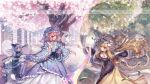  3girls :d arm_garter black_hairband black_ribbon blonde_hair blue_hat blue_kimono blue_sash bow breasts bug butterfly cherry_blossoms cleavage_cutout clothing_cutout dango dayu_edora dress falling_petals floating_hair flower food frilled_sleeves frills green_skirt hair_bow hair_ribbon hairband hakugyokurou hat hat_ribbon highres japanese_clothes kimono konpaku_youmu konpaku_youmu_(ghost) large_breasts long_hair long_sleeves mob_cap multiple_girls obi open_mouth outdoors outstretched_arm petals pink_eyes pink_flower pink_hair plate puffy_short_sleeves puffy_sleeves purple_dress reaching reaching_towards_another red_bow ribbon ribbon-trimmed_sleeves ribbon_trim saigyouji_yuyuko sample_watermark sanshoku_dango sash shirt short_hair short_sleeves skirt smile sword sword_on_back touhou tree triangular_headpiece very_long_hair wagashi watermark weapon weapon_on_back white_hair white_hat white_shirt wide_sleeves yakumo_yukari 