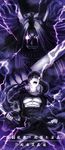  angry armor black_hair black_sclera clenched_hands dark_persona demon_horns doudanuki_masakuni enemy_ootachi glowing glowing_eye highres holding holding_weapon horns japanese_armor jikan_sokougun lightning long_hair male_focus menpoo multiple_boys muscle nipples open_mouth pale_skin purple_eyes rokaji shoulder_armor shouting sode touken_ranbu weapon 