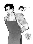  1boy apron beard_stubble facial_hair food food_in_mouth highres holding lee_eun-tae lookism male_focus medium_hair monochrome muscular mustache_stubble popsicle popsicle_in_mouth shadow sideburns simple_background solo standing stubble tattoo upper_body white_background xinlizhou8 