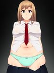  aqua_panties breasts brown_hair bursting_breasts commentary_request cowboy_shot grey_eyes hayashi_custom highres large_breasts looking_at_viewer navel necktie original panties pleated_skirt plump sachiko_(hayashi_custom) shirt skirt skirt_pull solo undersized_clothes underwear 