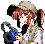  brown_eyes brown_hair fio_germi glasses hat headphones metal_slug shinapuu short_sleeves simple_background solo tied_hair vest white_background 