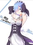  absurdres apron armpits arms_up bad_id bad_pixiv_id bangs black_dress black_ribbon blue_eyes blue_hair blunt_bangs blush bow breasts character_name cleavage closed_mouth copyright_name detached_sleeves dress hair_ornament hair_over_one_eye hairband hairclip highres looking_at_viewer maid medium_breasts re:zero_kara_hajimeru_isekai_seikatsu rem_(re:zero) ribbon short_hair silver_(chenwen) simple_background solo underbust waist_apron white_apron white_background white_bow x_hair_ornament 