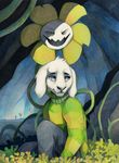  anthro asriel_dreemurr boss_monster caprine clothed clothing crying duo flora_fauna flower flowey_the_flower fur goat long_ears looking_at_viewer male mammal plant sad sitting smile tears tikrekins undertale video_games vines white_fur 