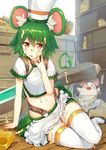  absurdres ahoge animal animal_ears apron arm_support belt_buckle bowl buckle cheese chef_hat collar crop_top food food_on_body food_on_face full_body green_hair green_skirt hair_between_eyes hand_on_own_face hat heart heart-shaped_pupils heart_tail highres indoors ketchup kitchen knife last_period licking looking_at_viewer midriff mouse mouse_ears mouse_tail navel orange_eyes ratte_(last_period) ruma_imaginary shelf shoes short_hair sitting skirt solo symbol-shaped_pupils tail thighhighs tongue tongue_out weapon white_legwear wooden_floor yokozuwari 