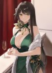  1girl alcohol bare_shoulders black_hair black_survival breasts champagne champagne_flute cleavage clover counter cup curtains dress drinking_glass eternal_return:_black_survival evening_gown flower green_dress green_eyes green_flower grin gweon_sua gweon_sua_(1st_anniversary) halter_dress halterneck indoors kota_tsumi large_breasts long_hair looking_at_viewer plunging_neckline shamrock shawl sleeveless sleeveless_dress smile solo straight_hair upper_body very_long_hair white_shawl 