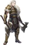  1boy absurdres alexei_(sword_of_convallaria) arm_guards armor axe battle_axe blue_eyes braided_sidelock breastplate double-sided_axe dual_wielding fingerless_gloves gloves greaves highres holding holding_axe medium_hair non-web_source official_art open-toe_boots pauldrons serious shoulder_armor single_pauldron solo sword_of_convallaria weapon white_hair 