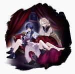  3boys albedo_(genshin_impact) alternate_costume aqua_eyes arm_rest ascot asymmetrical_sleeves barefoot belt black_hair black_horns black_shoes black_shorts black_vest blanket blonde_hair blue_brooch blue_ribbon blunt_ends closed_mouth collar collarbone collared_shirt contemporary couch cross-laced_clothes cross-laced_shoes cross-laced_top crossed_bangs crossed_legs curtained_hair curtains dragon_boy dragon_horns dragon_tail dragon_wings expressionless facial_mark forehead_mark formal_clothes frilled_collar frilled_sleeves frills genshin_impact gold_ring grey_eyes hair_between_eyes hair_intakes high_collar highres holding_another&#039;s_horns horns indoors lap_pillow lapels long_sleeves looking_at_viewer lying middle_ring mini_durin_(genshin_impact) mini_durin_(human)_(genshin_impact) multiple_boys neck_ribbon on_back on_couch parted_lips picture_frame pink_wings purple_belt purple_hair red_couch red_eyes ribbon scaramouche_(genshin_impact) shirt shoe_belt shoes shorts sitting sleeves_past_fingers sleeves_past_wrists smile spiked_horns spiked_tail tail thigh_strap tile_floor tiles toes tsurime vest w02_14 white_ascot white_collar white_mouth white_shirt white_sleeves wide_sleeves wing_collar wings 