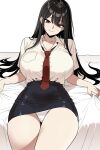  1girl beautiful_gunbari bed_sheet black_hair black_skirt breasts brown_eyes brown_shirt center-flap_bangs cleavage closed_mouth collarbone collared_shirt commentary_request cowboy_shot crotch_seam double-parted_bangs elbow_rest hair_spread_out high-waist_skirt highres huge_breasts im-dana korean_commentary long_hair looking_at_viewer loose_necktie marheit miniskirt mole mole_under_eye necktie office_lady on_bed panties pantyshot pencil_skirt reclining red_necktie sheet_grab shirt shirt_tucked_in short_sleeves simple_background skirt smile solo split_mouth taut_clothes taut_skirt thighs tsurime underwear upskirt very_long_hair white_background white_panties wing_collar 