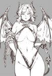  breasts cleavage cowboy_shot demon_girl demon_tail demon_wings fingerless_gloves gloves greyscale hand_on_hip horns houtengeki jpeg_artifacts large_breasts looking_at_viewer lossy-lossless monochrome original pointy_ears revealing_clothes short_hair simple_background solo source_request tail wings 
