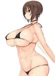  bikini black_bikini blush breasts brown_eyes brown_hair choker girls_und_panzer huge_breasts navel nishizumi_maho poin short_hair simple_background solo swimsuit white_background 