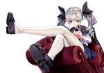  anchovy anzio_school_uniform book cape couch crossed_legs furisuku girls_und_panzer hair_ribbon loafers long_hair looking_at_viewer pantyhose red_eyes ribbon shoes simple_background skirt smile solo twintails white_background white_legwear 