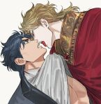  2boys birthmark blonde_hair blue_eyes blue_hair bustersiri dio_brando ear_birthmark jewelry jojo_no_kimyou_na_bouken jonathan_joestar long_hair male_focus multiple_boys phantom_blood red_eyes vampire yaoi 