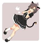  :3 animal_ears antenna_hair bad_id bad_twitter_id bell black_eyes black_hair blush border cat cat_ears cat_girl cat_tail dress dutch_angle full_body grey_background hair_between_eyes highres idolmaster idolmaster_(classic) jingle_bell kikuchi_makoto looking_at_viewer nishina_ryo open_mouth paw_pose puffy_short_sleeves puffy_sleeves rounded_corners short_hair short_sleeves simple_background smile solo standing standing_on_one_leg tail tail_bell white_border 
