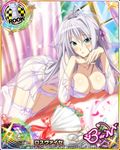  antenna_hair blue_eyes blush bouquet breasts card_(medium) character_name chess_piece cleavage covered_nipples flower hair_ribbon high_school_dxd high_school_dxd_born large_breasts long_hair lying official_art on_side parted_lips ribbon rook_(chess) rossweisse silver_hair solo thighhighs trading_card very_long_hair 