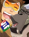  aipiepo ape brown_hair duo eyewear female glasses goggles gorilla hair human laugh low_res male mammal open_mouth overwatch parody peanut_butter primate smile tracer_(overwatch) video_games winston_(overwatch) 