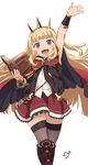  :d arm_up blonde_hair book boots bracelet cagliostro_(granblue_fantasy) cape crown gauntlets granblue_fantasy grey_legwear jewelry knee_boots long_hair looking_at_viewer open_book open_mouth purple_eyes shift_(waage) shirt skirt smile solo thighhighs thighs very_long_hair vest zettai_ryouiki 