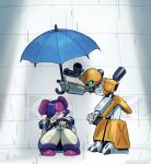  1boy 1girl arm_cannon armor bent_over brass_(medarot) crying green_eyes helmet highres holding holding_umbrella humanoid_robot krabbell medarot metabee purple_eyes rain robot sitting standing umbrella weapon yellow_armor yellow_helmet 