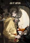  absurdres axe black_hair blood blood_on_clothes blood_splatter closed_mouth commentary different_shadow earrings finger_to_mouth hair_between_eyes highres holding holding_axe holding_weapon hood hood_down index_finger_raised jacket jewelry long_sleeves male_focus original ponytail seeshin_see shadow solo symbol-only_commentary weapon yellow_eyes yellow_jacket 